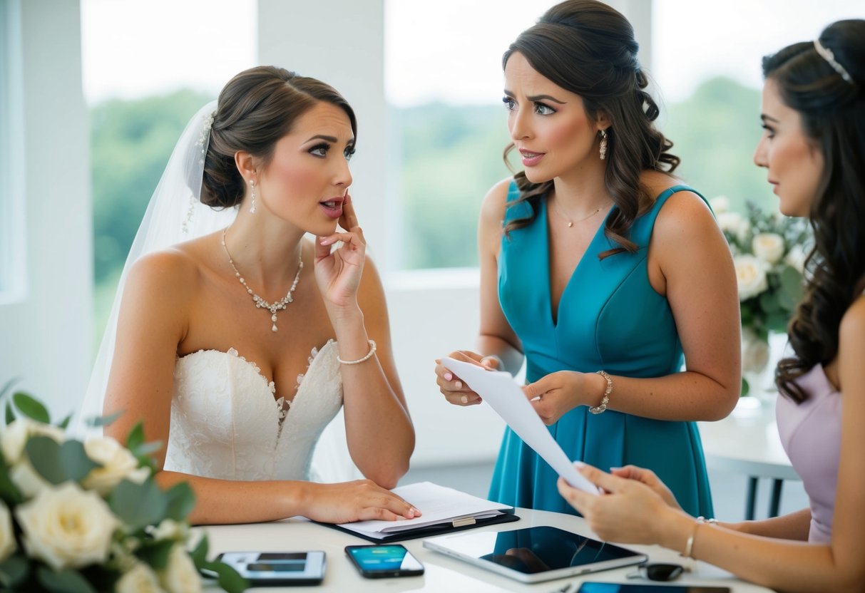 A bride talking to a bridesmaid, looking concerned about the plus one situation. Wedding planning tools and digital accounts visible in the background