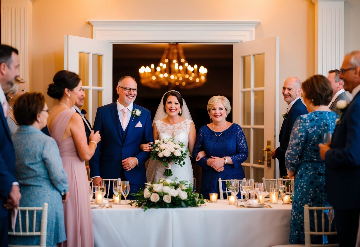 Parents stand at the entrance, beaming with pride as they are introduced to the wedding reception guests. The room is filled with warmth and joy as they take their seats at the head table