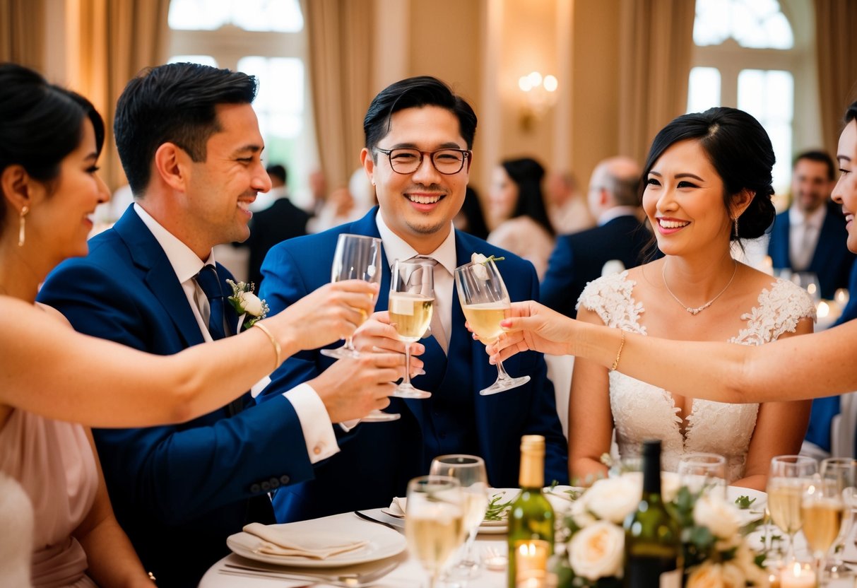 Guests clinking glasses, smiling couple, elegant decor, and a warm atmosphere at a wedding reception