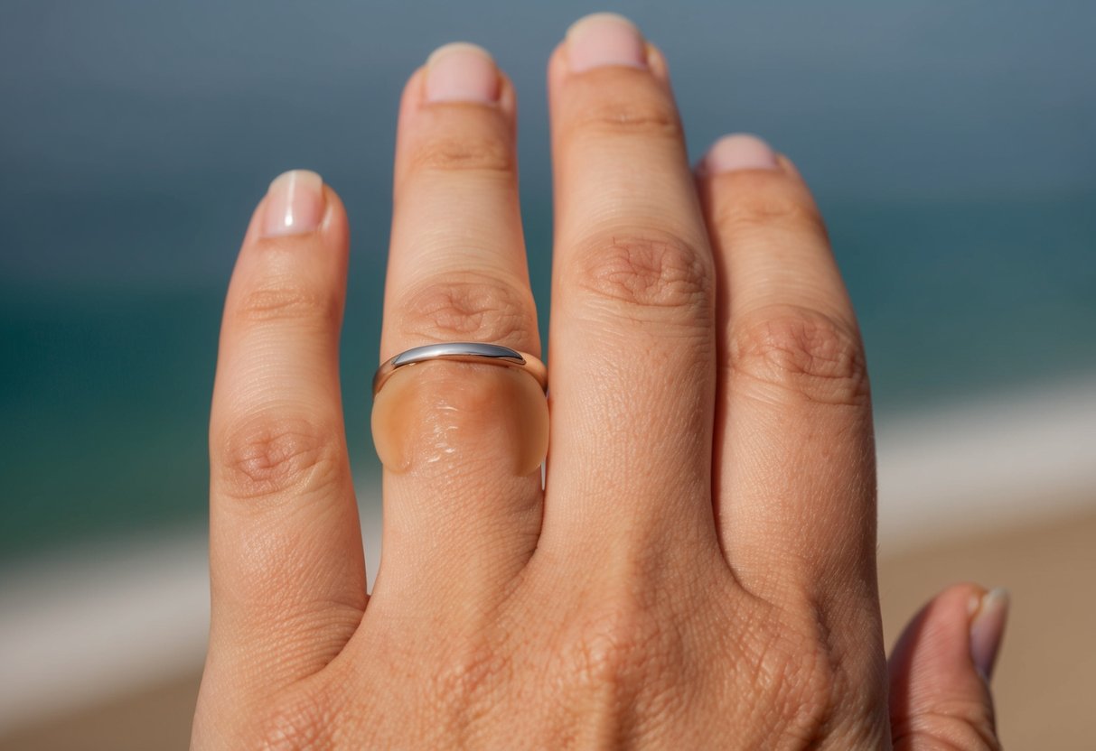A bare finger with a faint tan line where a wedding band used to be