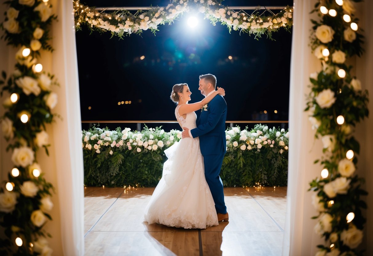 A bride and groom dancing under a spotlight, surrounded by twinkling lights and floral decorations