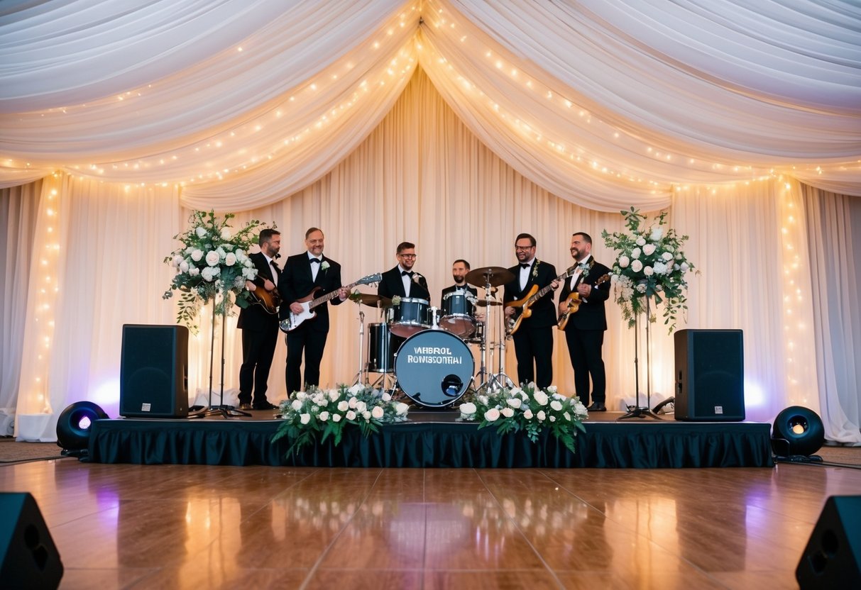 A stage with elegant decor, draped in white fabric, adorned with flowers and twinkling lights, awaits the arrival of the wedding band
