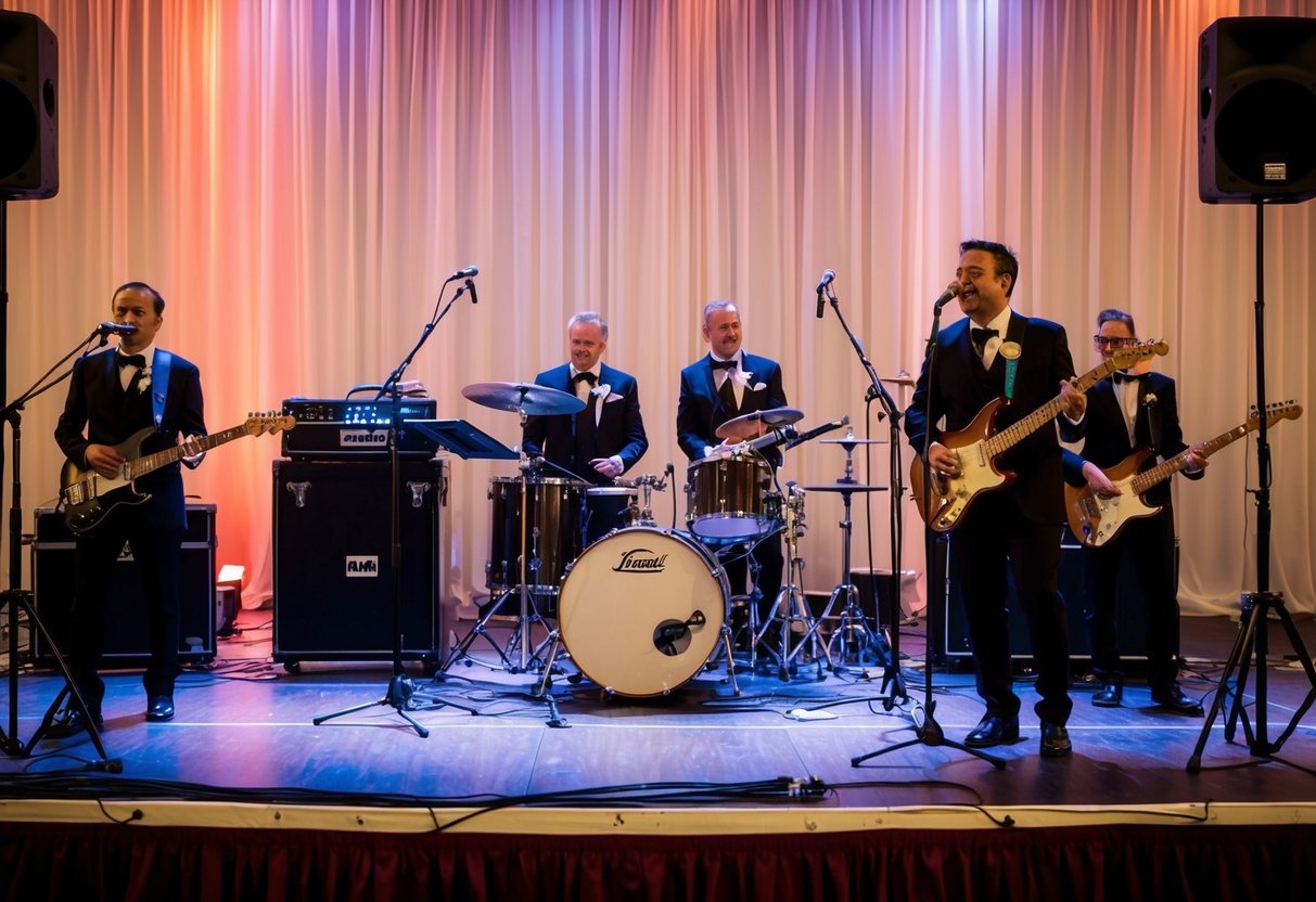 A stage is set with instruments and microphones for a wedding band performance
