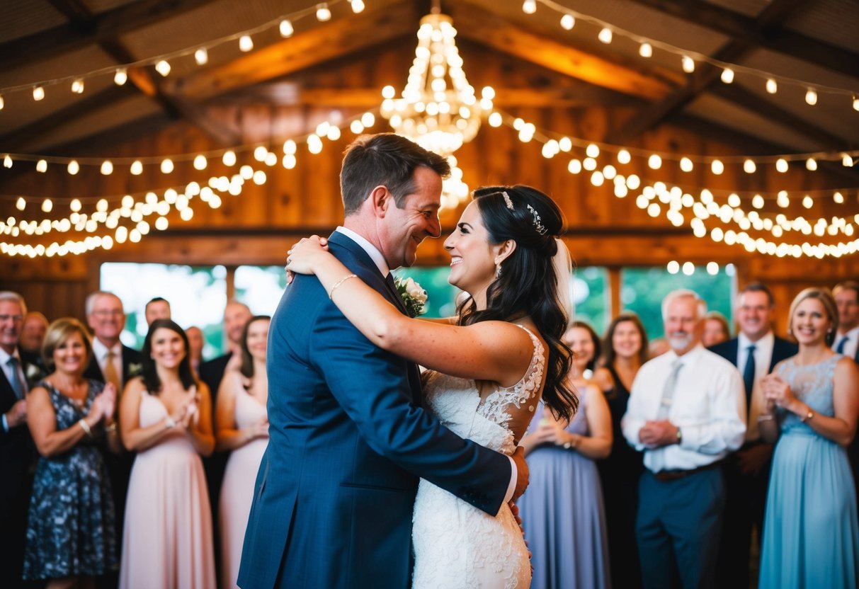 A couple dancing under twinkling lights at their wedding, surrounded by smiling guests