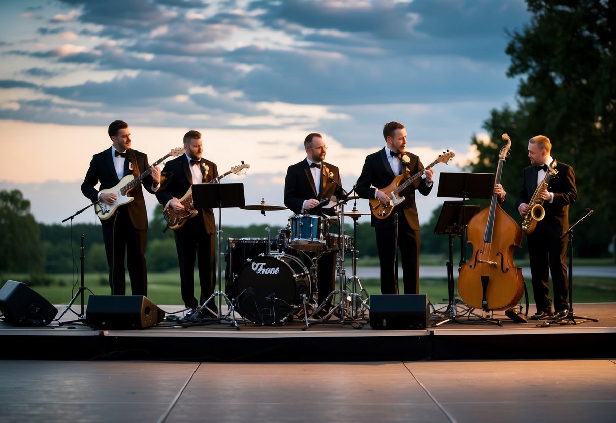A wedding band sets up their stage with musical instruments and equipment, ready to take requests for the evening's performance