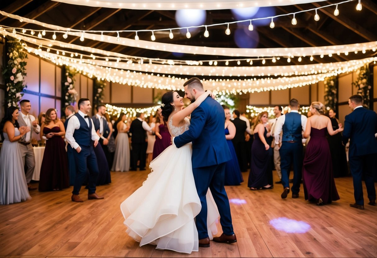 A dance floor filled with couples swaying to the music, surrounded by twinkling lights and floral decorations