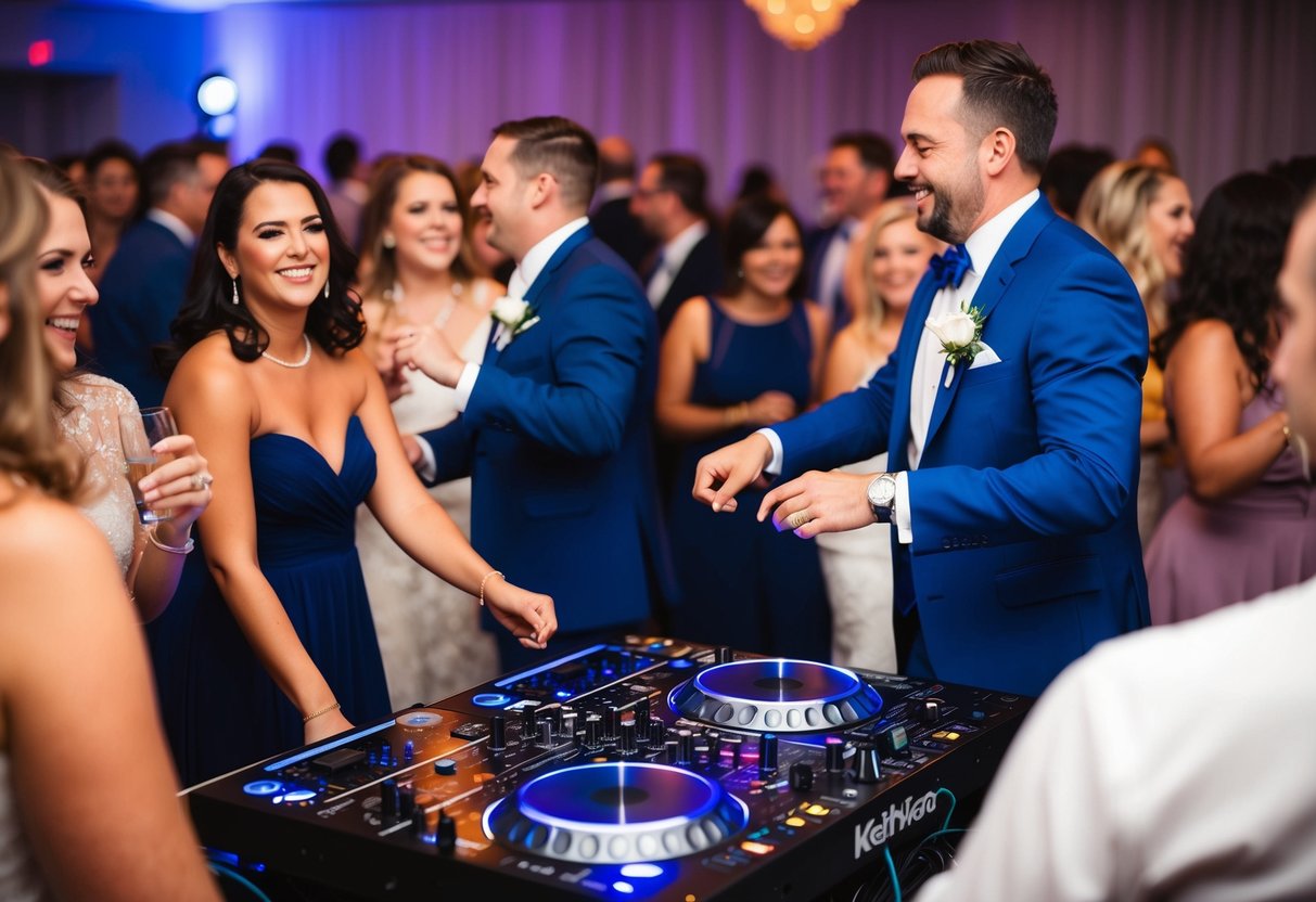 A lively dance floor with a DJ playing a popular wedding song as guests celebrate