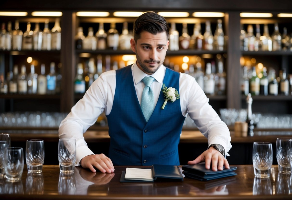 The best man stands at a bar, surrounded by empty glasses and a checkbook. He looks unsure as he reaches for his wallet