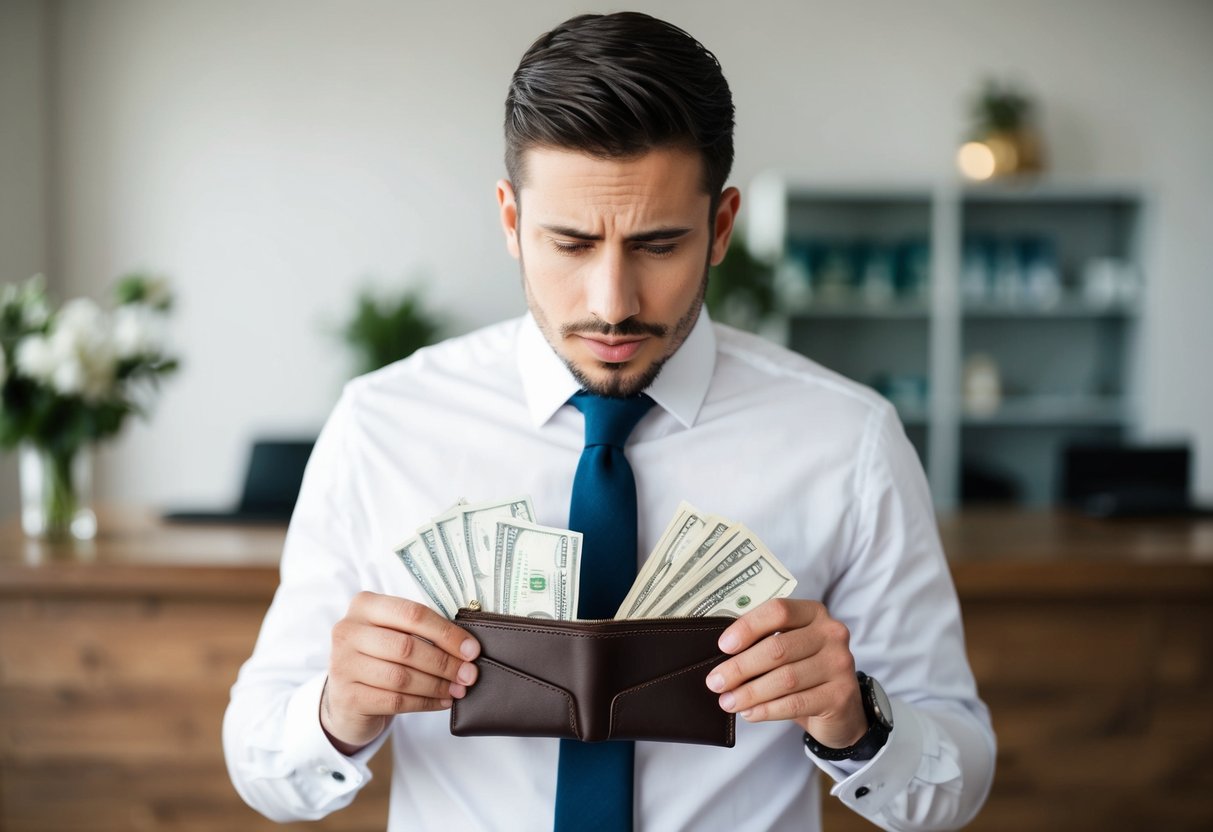 The best man holding a wallet with various expenses and bills, looking confused and overwhelmed by financial responsibilities