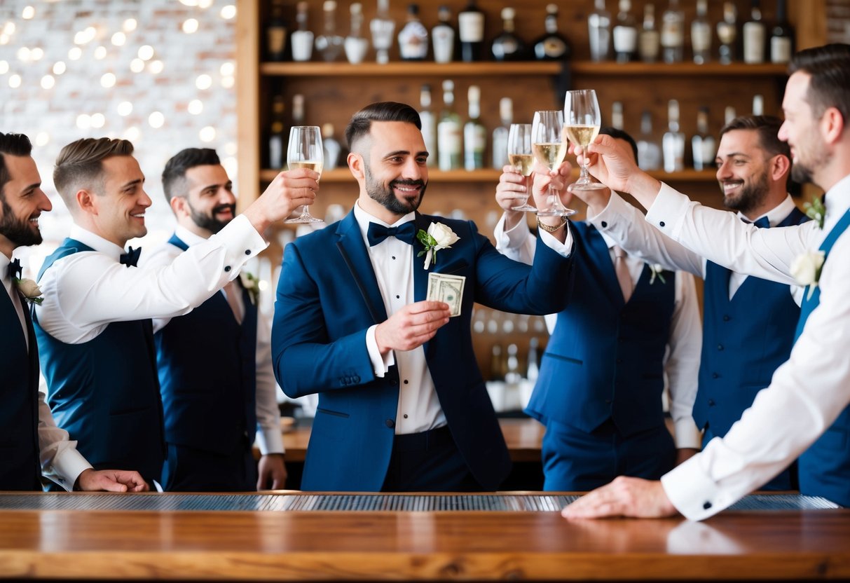 The best man stands at a bar, handing over cash to the bartender. A group of groomsmen raise their glasses in a toast