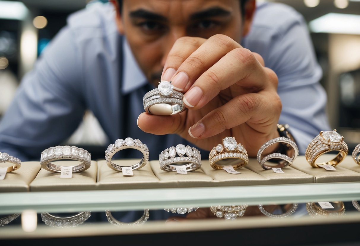 A jeweler carefully inspects a shimmering display of elegant wedding bands, each one adorned with sparkling diamonds and intricate designs