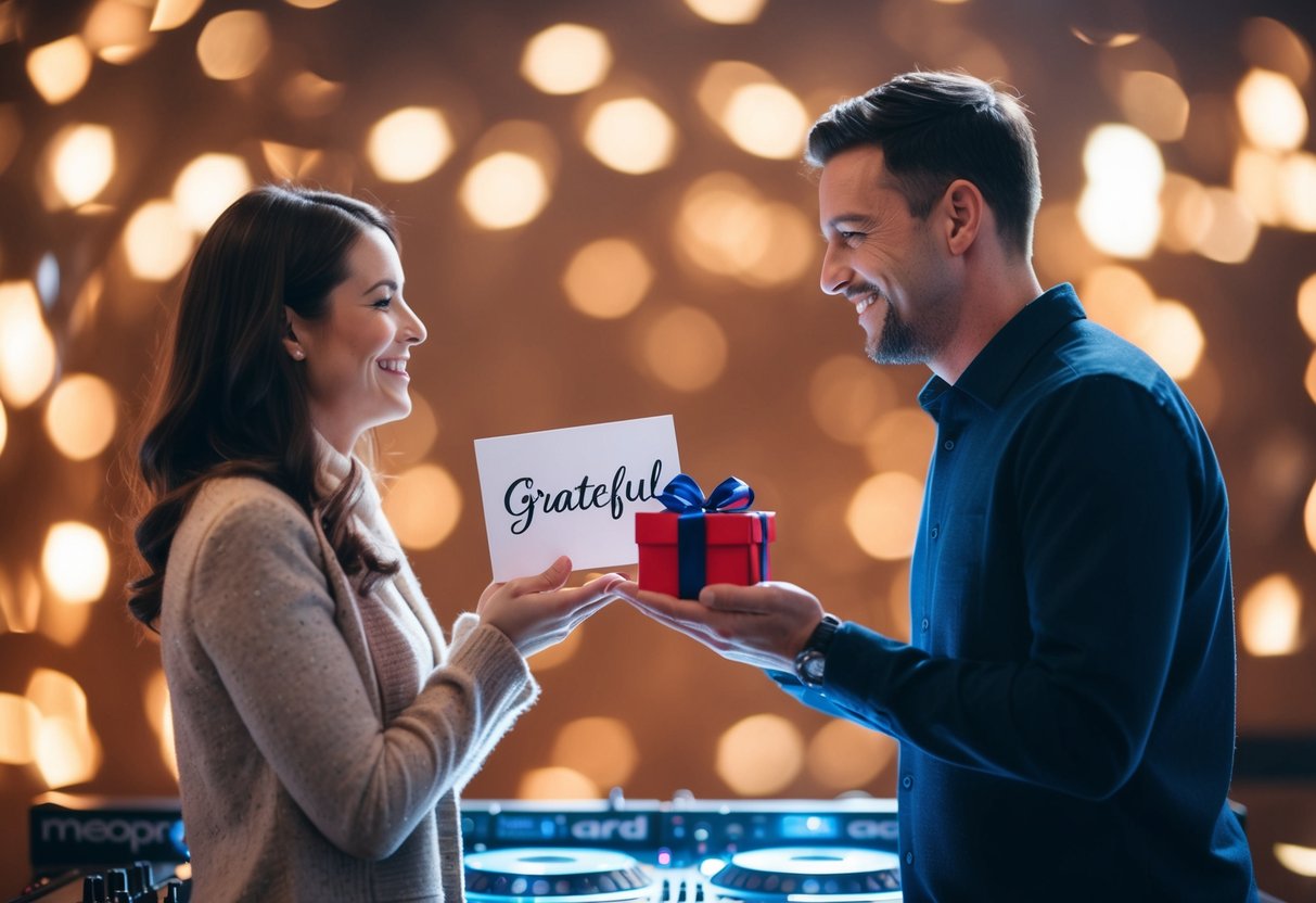 A couple hands a grateful card and gift to a smiling DJ