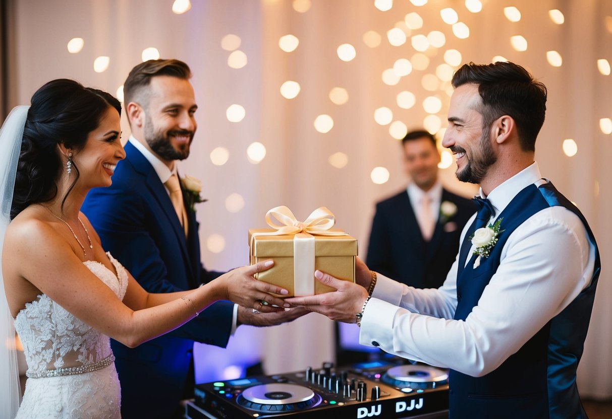 A newlywed couple presents a gift to the wedding DJ with a smile and a handshake