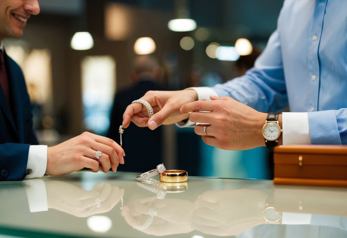 A couple comparing wedding bands at a jeweler's counter