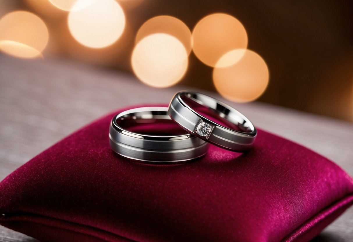Two wedding bands resting on a velvet cushion, surrounded by soft, warm lighting