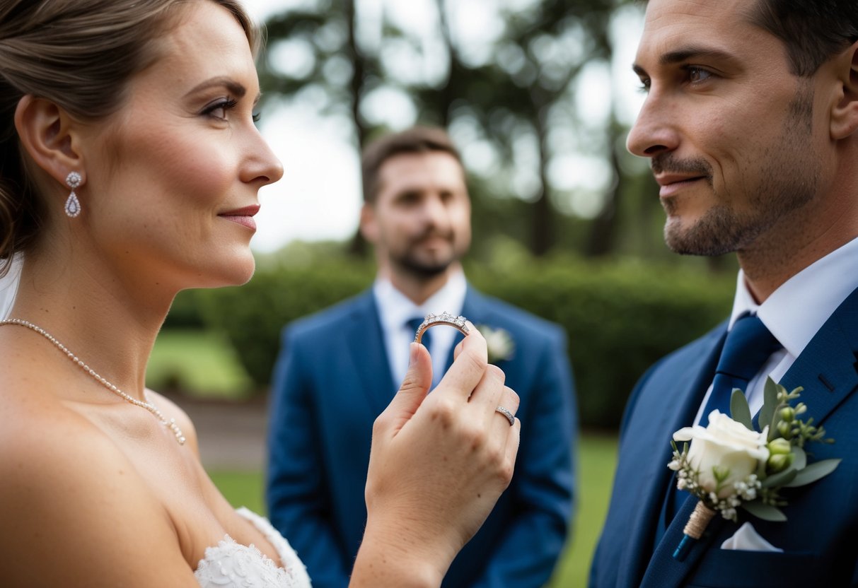 A bride holding a wedding band while a groom looks on, with a thoughtful expression