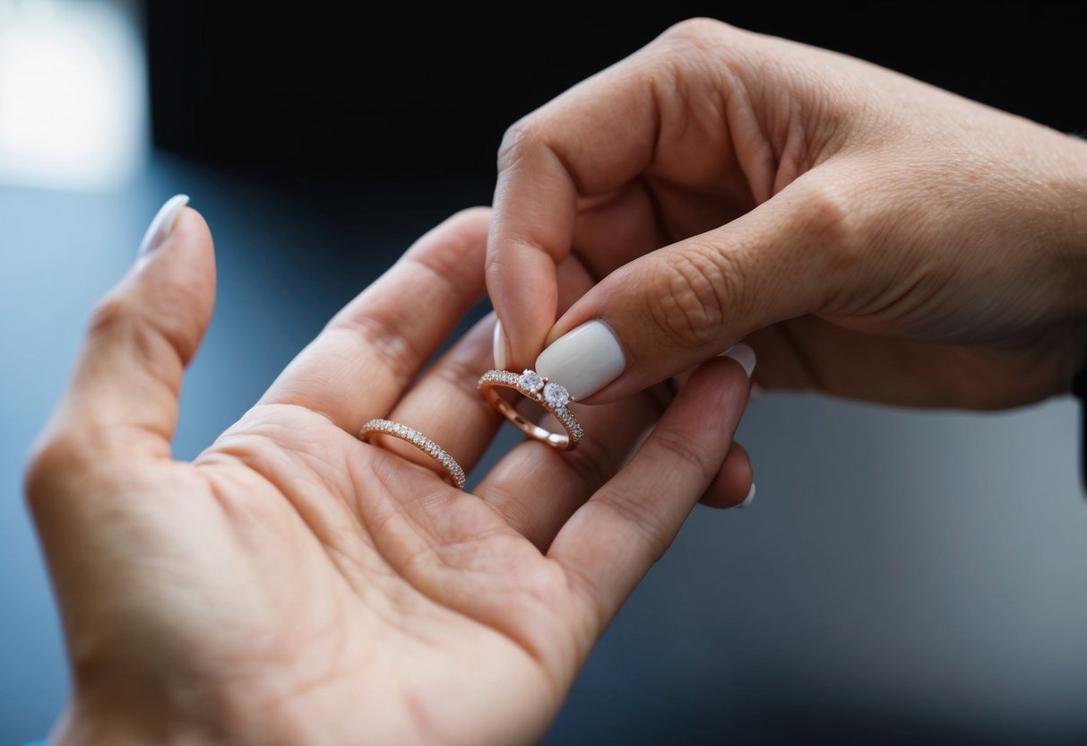 A hand reaches for two elegant rings, one with a sparkling diamond and the other a simple band. The person contemplates the placement, trying different arrangements to find the perfect style and comfort