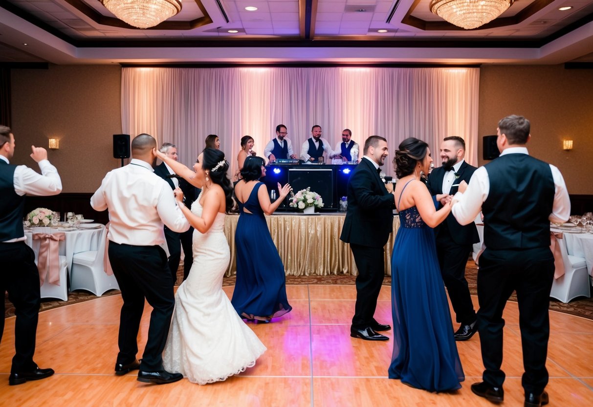 Guests dancing at wedding reception, with a DJ or band performing on stage. Tables set with decorations and a dance floor in the center