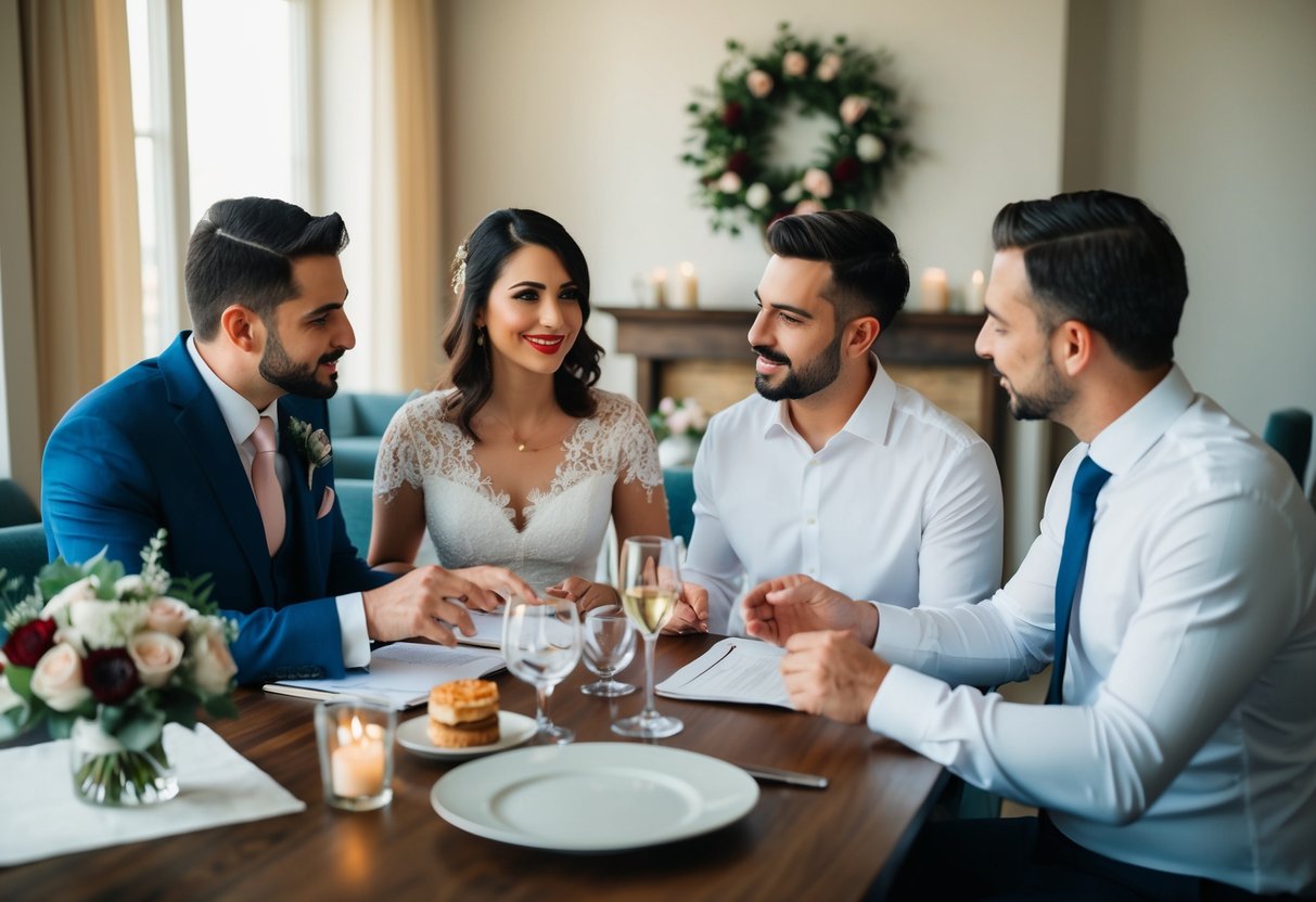 A couple and their families discussing wedding expenses, including music for the reception