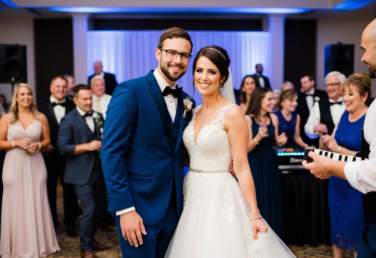 A bride and groom at a reception, surrounded by guests, with a band or DJ playing music in the background