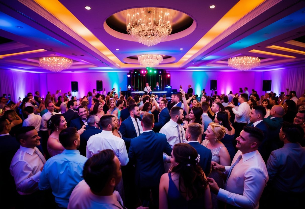 A crowded dance floor at a wedding, with colorful lights and a DJ booth in the background, as guests dance and celebrate