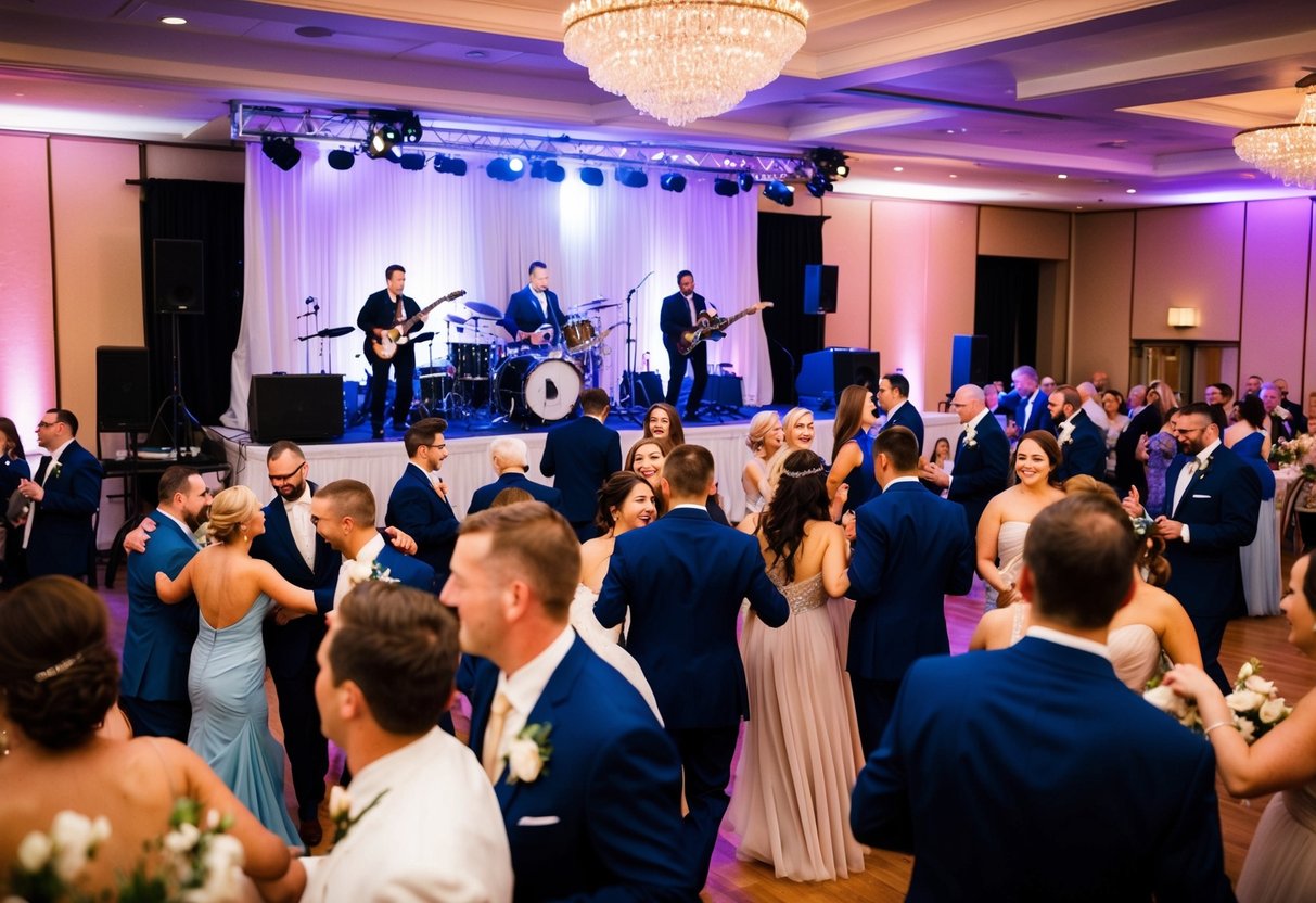 A lively wedding reception with a band playing on a stage, guests dancing and mingling, and a festive atmosphere