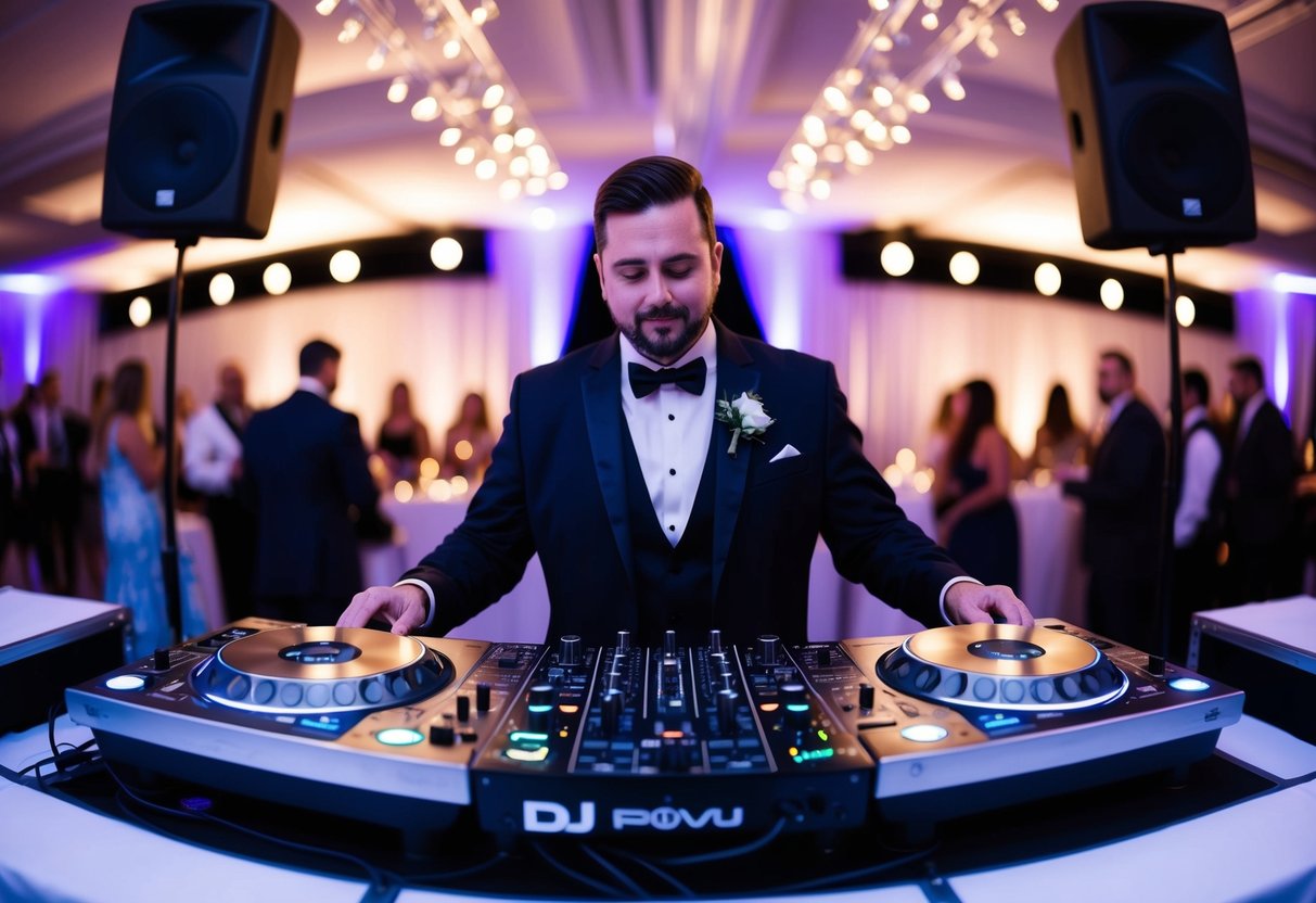 A DJ stands behind a booth, surrounded by flashing lights and sound equipment, as they mix music for a lively wedding reception