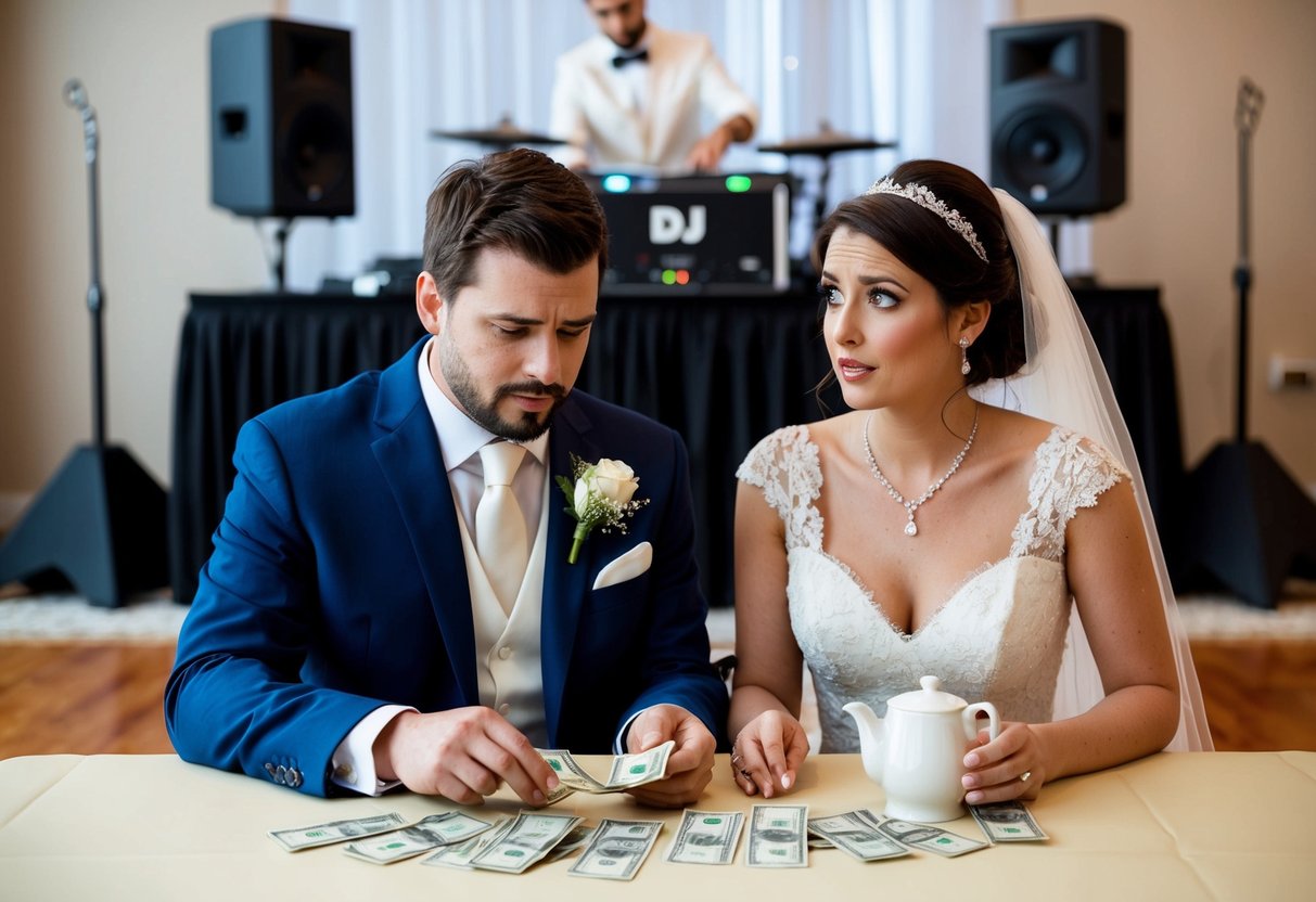 A newlywed couple sits at a table, counting money while a DJ sets up equipment in the background. The couple looks concerned as they debate the financial decision