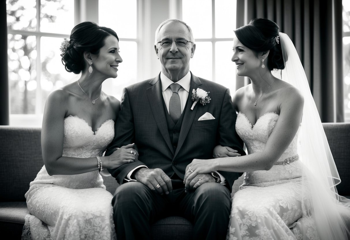 A figure sits between the mother and father of the bride, offering support and companionship
