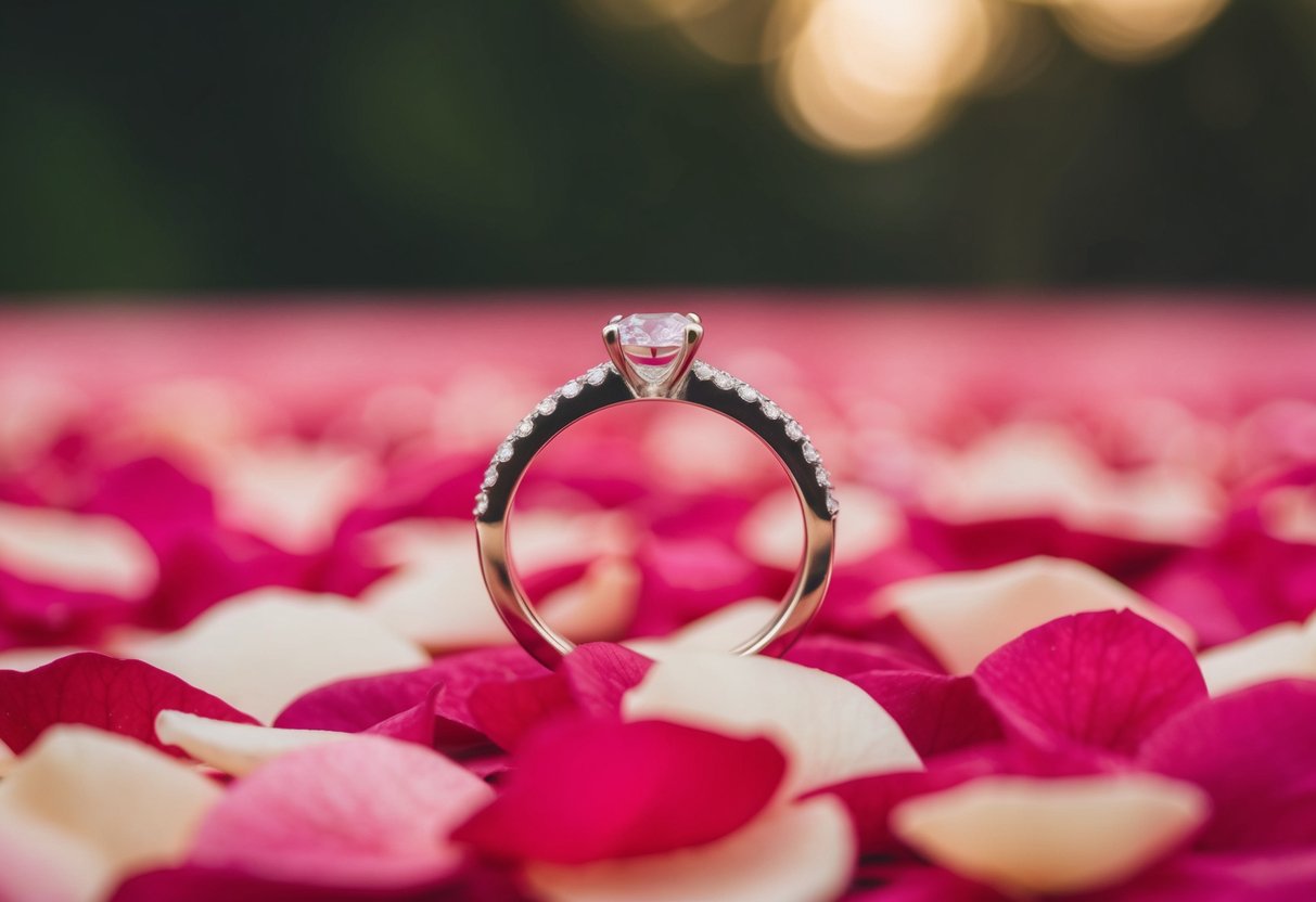 A single wedding band resting on a bed of rose petals