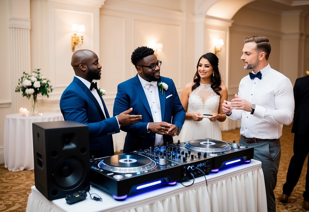A DJ booth with turntables and speakers set up in a elegant wedding venue, with a planner discussing logistics with the DJ