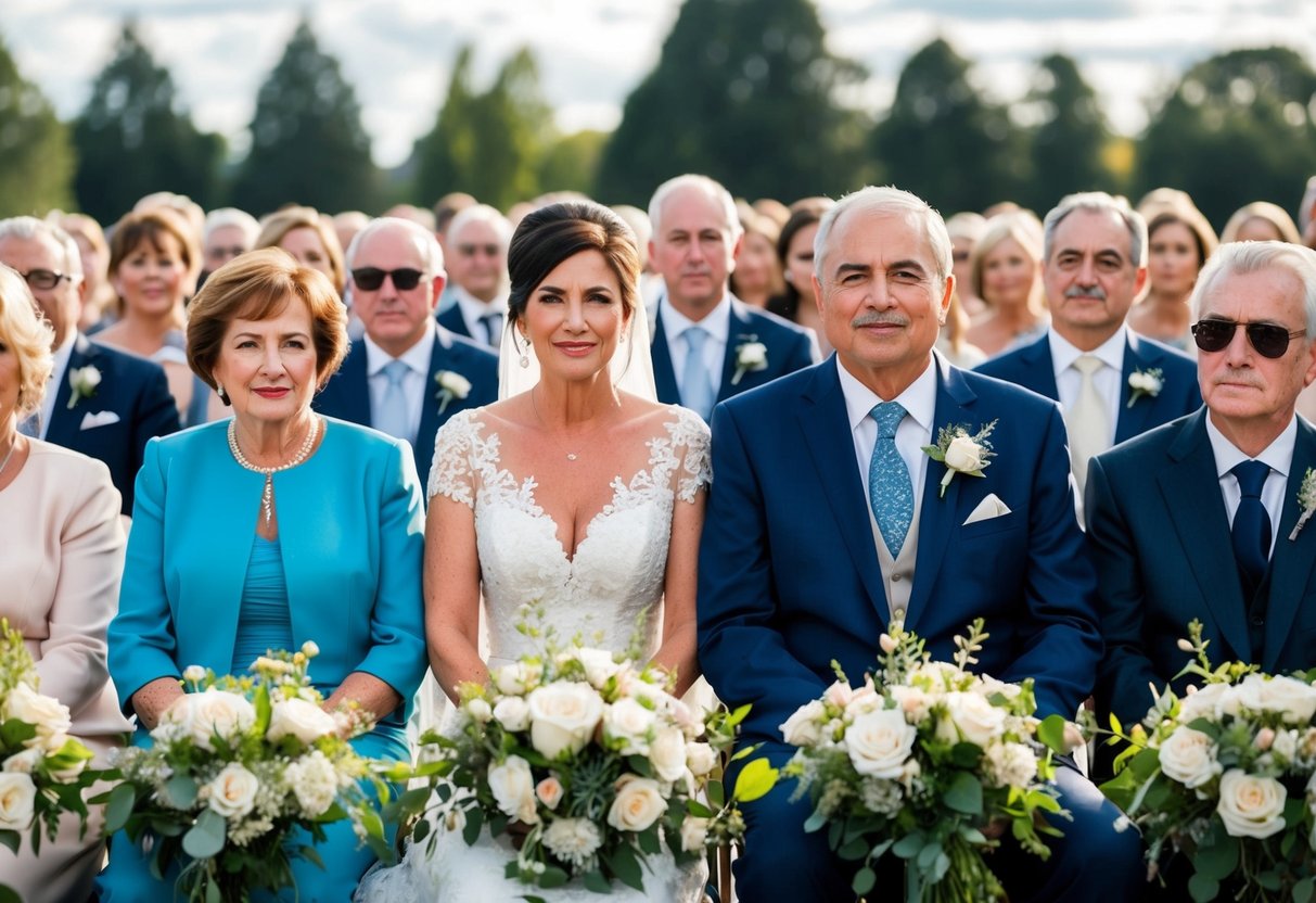 The mother and father of the bride sit together in the front row, surrounded by close family members and honored guests