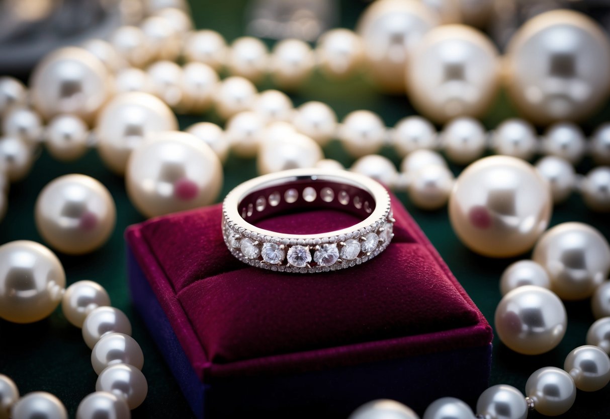 A delicate wedding band rests on a velvet cushion, surrounded by shimmering gemstones and elegant pearls on a display table