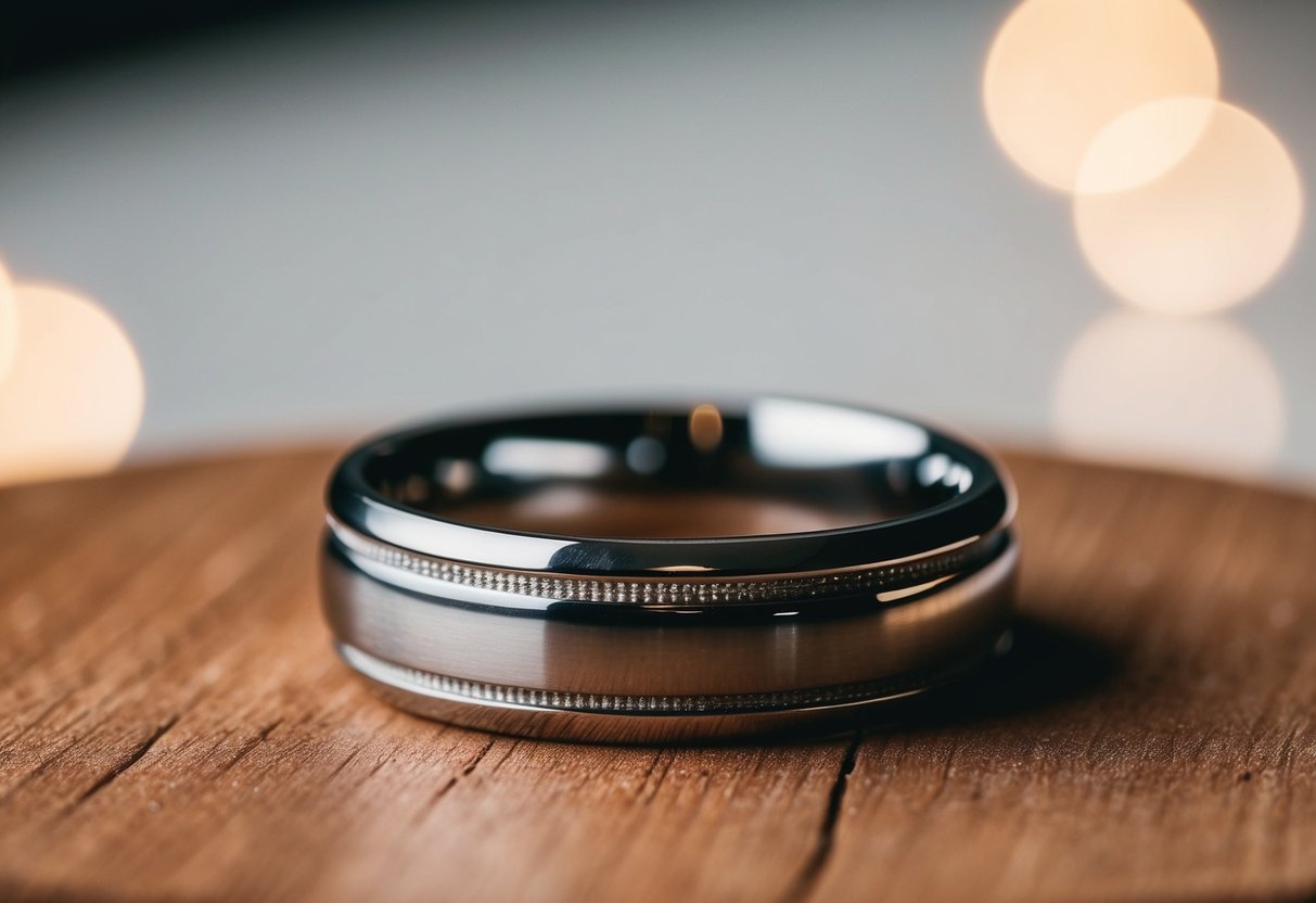 A wedding band placed on a wooden surface, surrounded by soft lighting and a subtle reflection