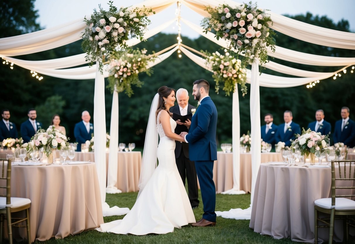 A bride and groom exchange vows under a canopy adorned with flowers and draped fabric, surrounded by tables covered in elegant centerpieces and twinkling lights