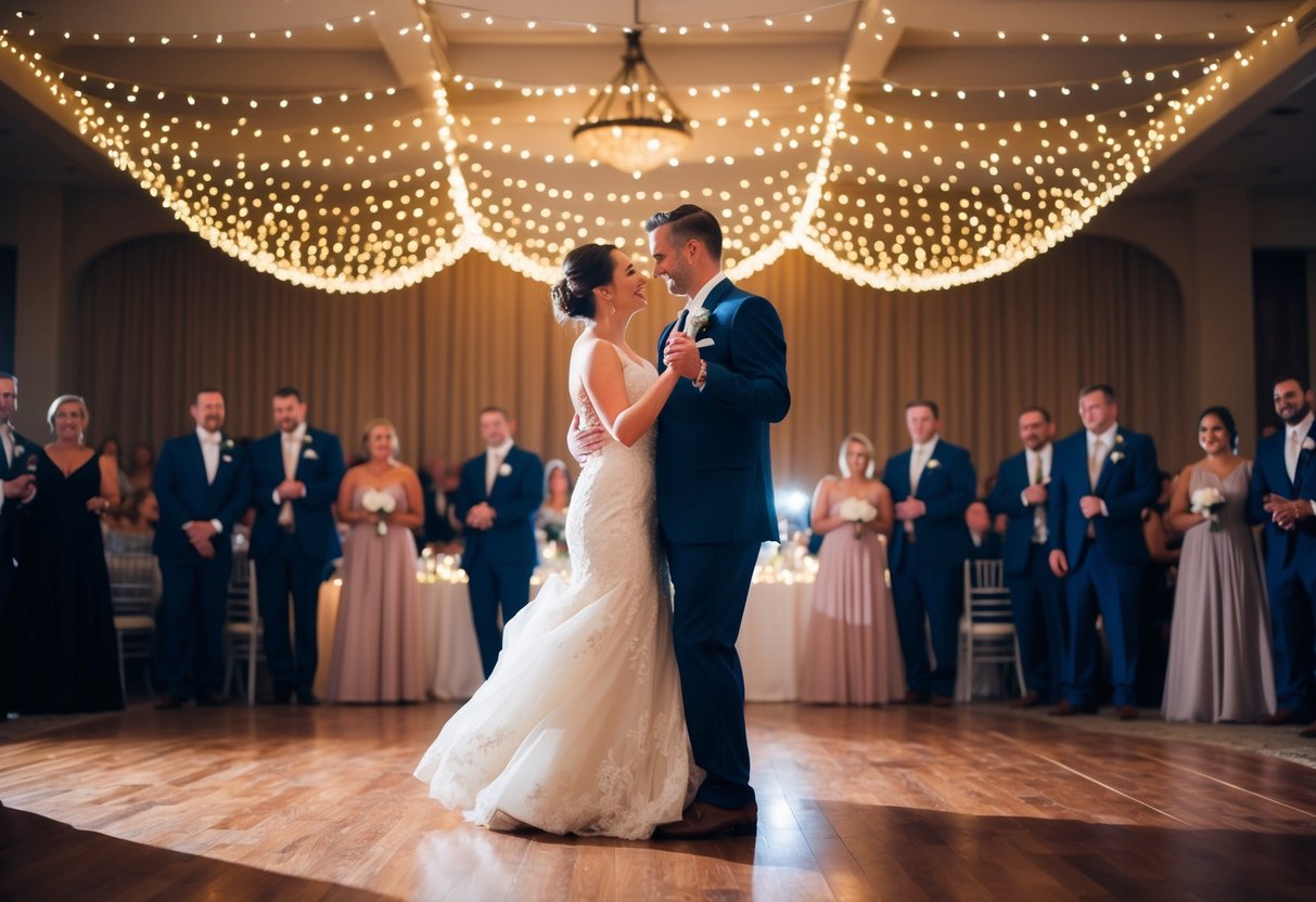 A couple dances in the center of a dimly lit ballroom, bathed in the soft glow of fairy lights as a slow song plays at their wedding