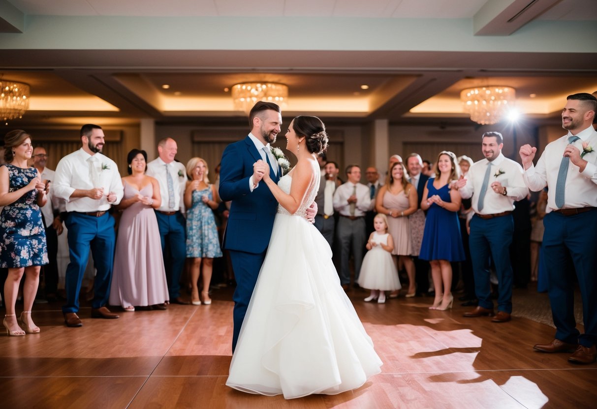 A couple dances under soft lighting, surrounded by friends and family, as a slow song plays during the wedding reception