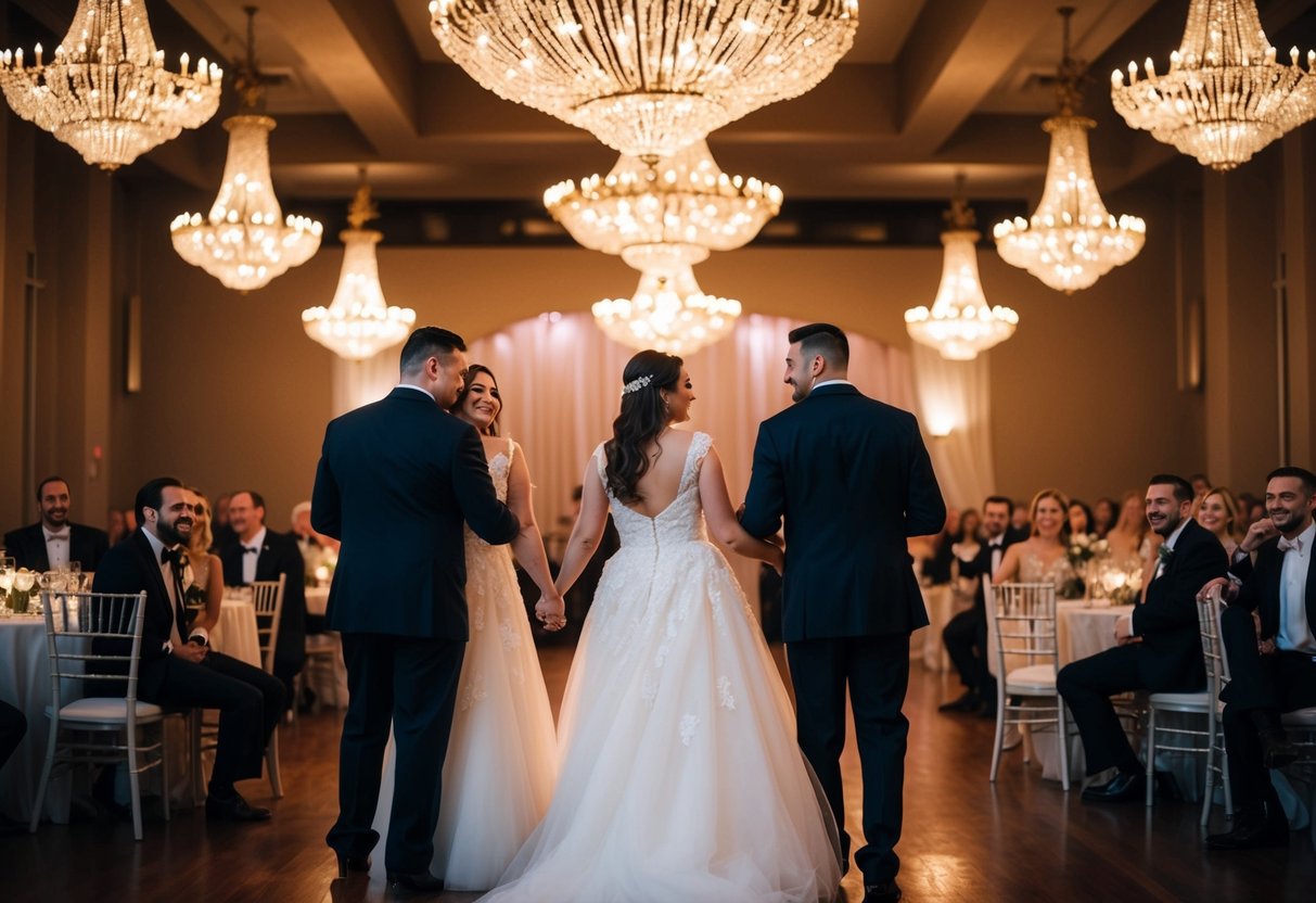 A dimly lit ballroom with couples swaying to a slow song, bathed in warm, romantic hues from the overhead chandeliers