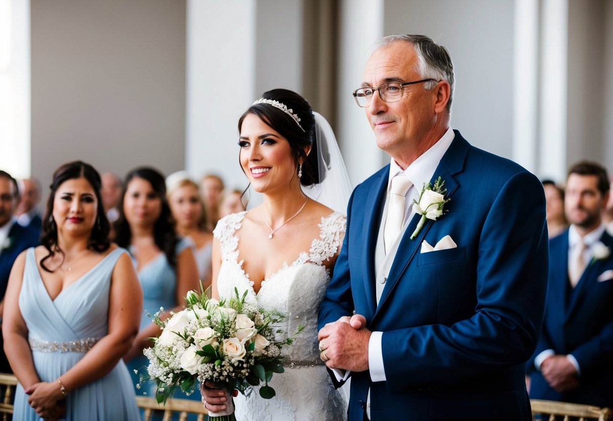 A father of the bride stands proudly beside his daughter, offering support and guidance as she prepares to walk down the aisle