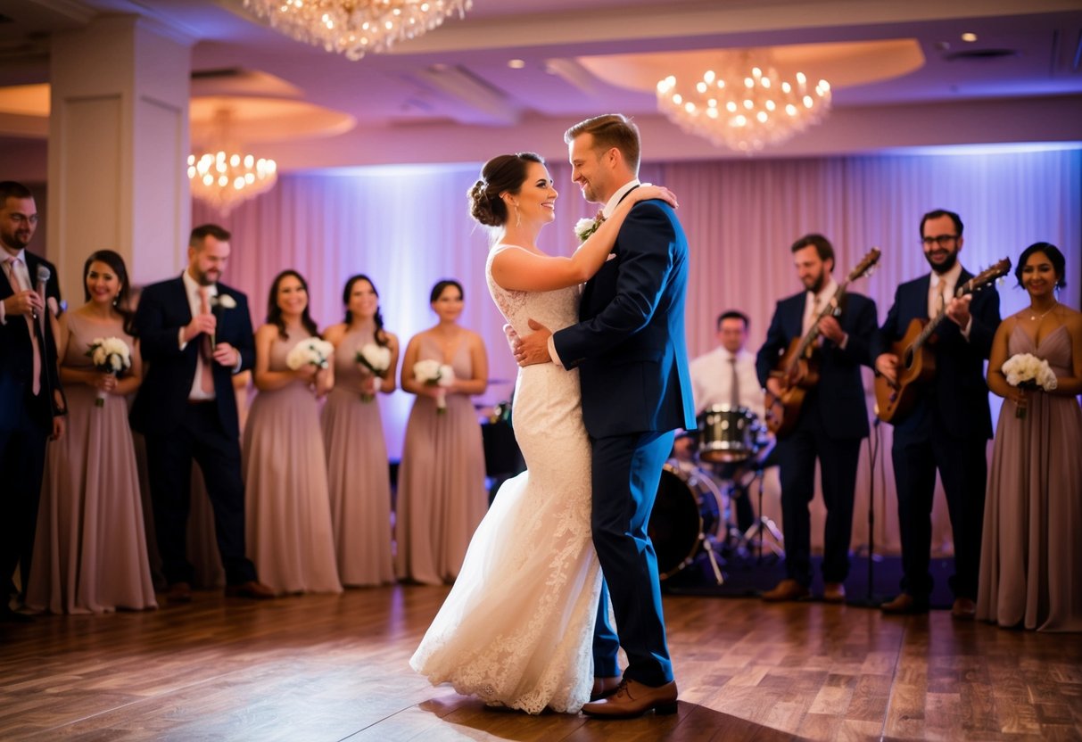 A couple sways on the dance floor, bathed in soft light, as the band plays a slow romantic song at their wedding