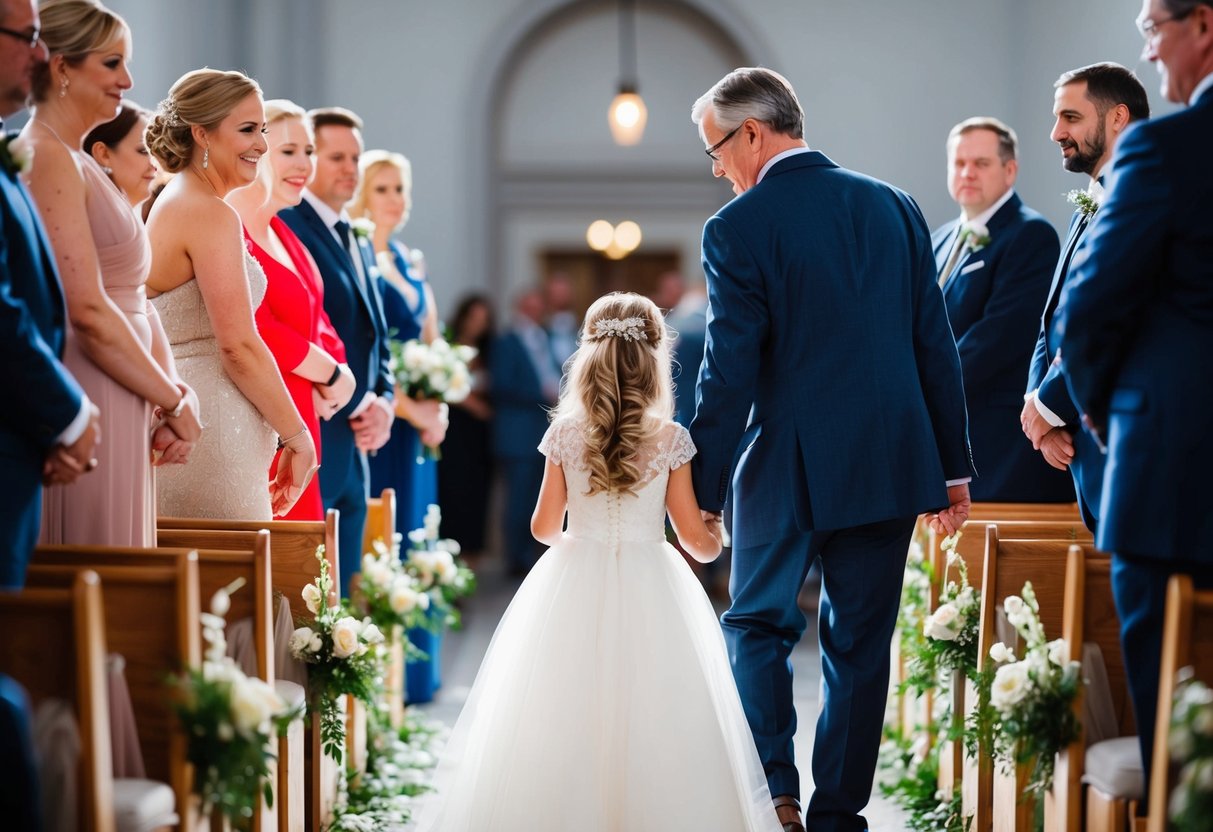 A father gently guiding his daughter down the aisle with a supportive and reassuring presence
