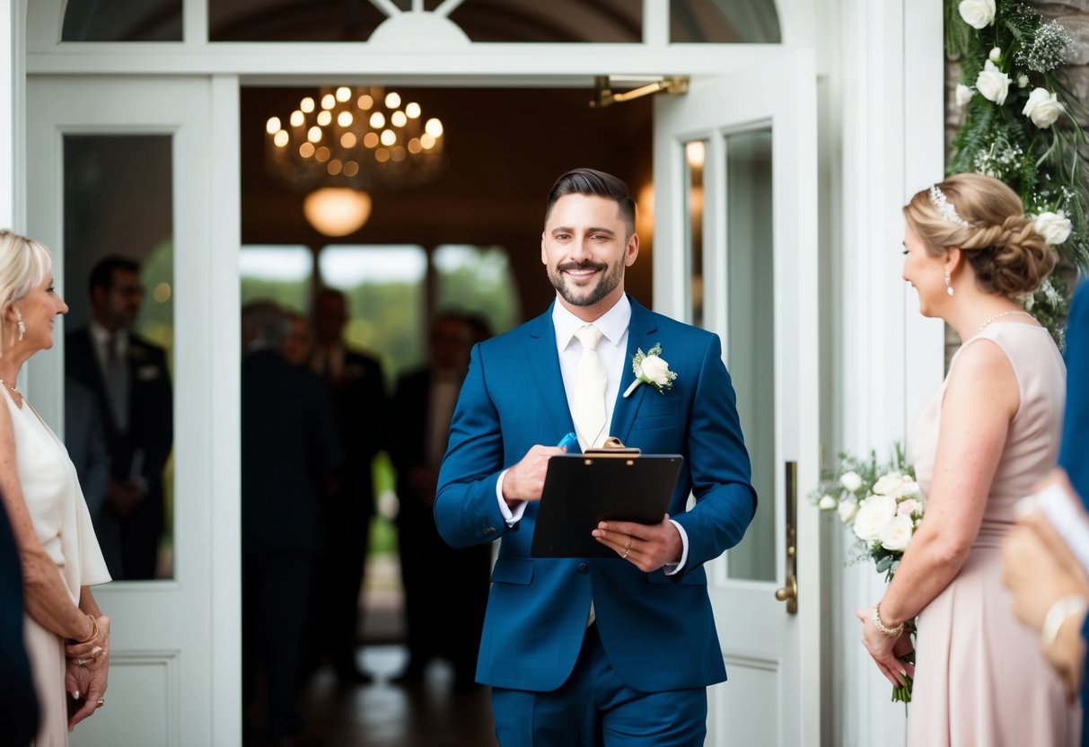 A man stands at the entrance of a wedding venue, greeting guests and directing them to the ceremony. He holds a clipboard and wears a suit