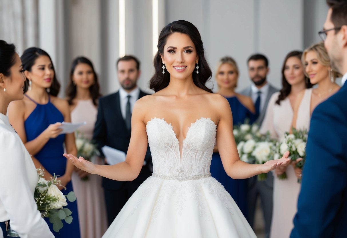 A woman in an elegant gown stands at the center of a group, directing and organizing wedding plans with a confident and authoritative demeanor