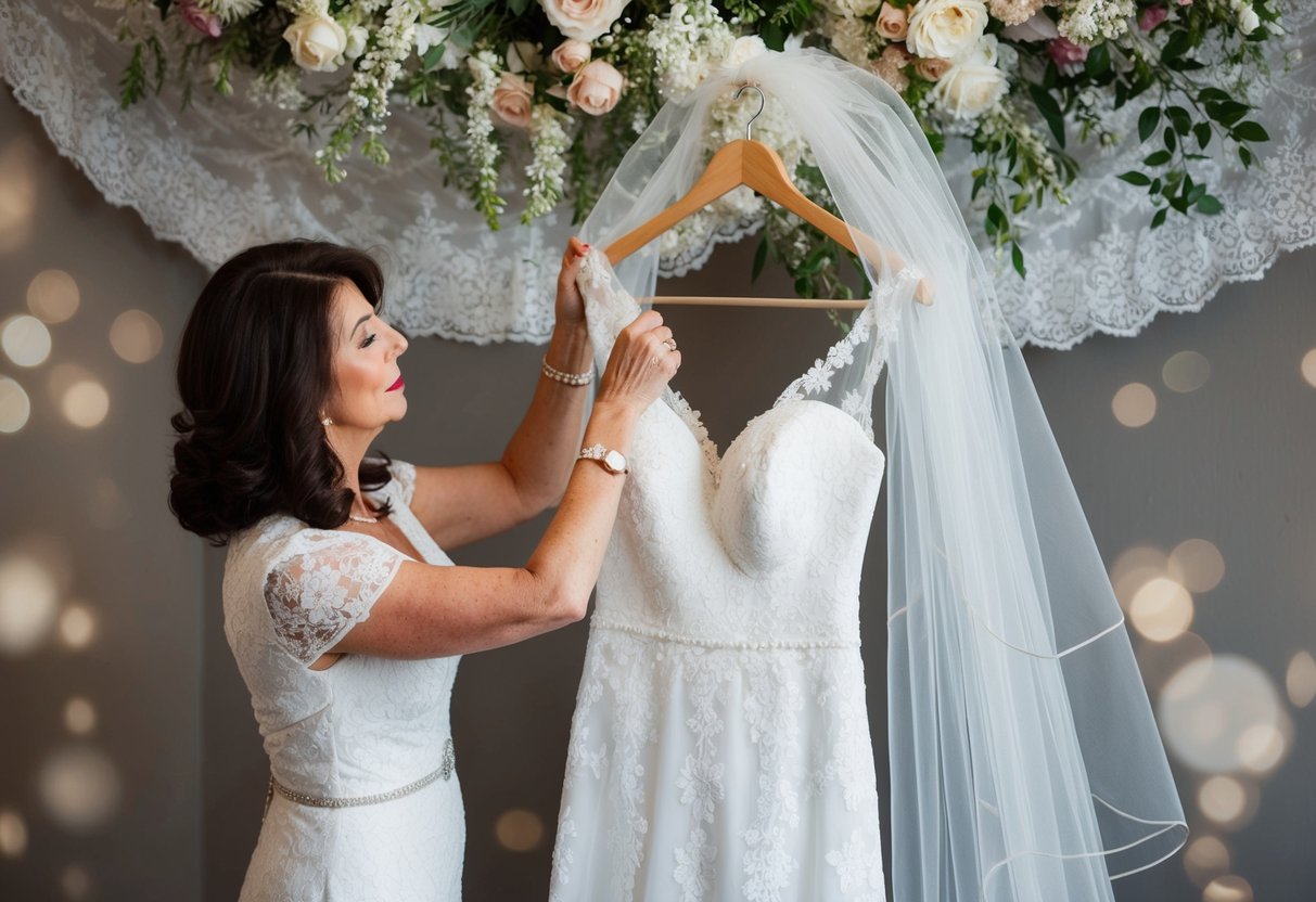 A mother of the bride carefully arranges her daughter's wedding dress and veil on a hanger, surrounded by delicate lace and floral details