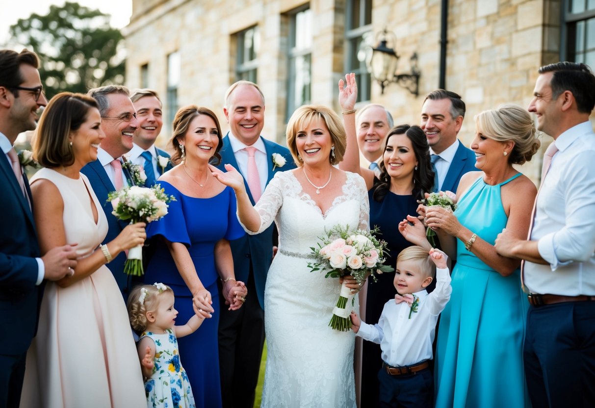 The mother of the bride stands proudly, surrounded by family and friends, offering congratulations and sharing in the joy of the newly engaged couple