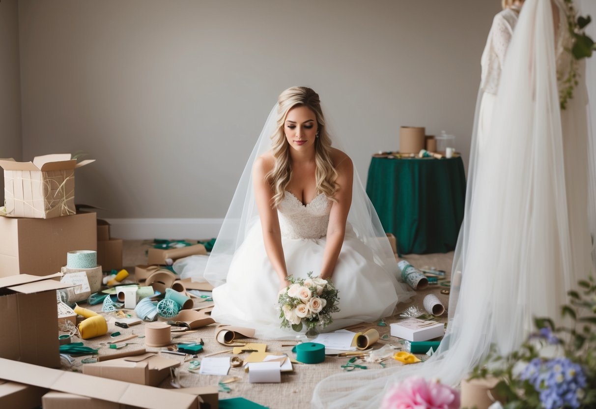 A bride surrounded by scattered craft supplies and a partially finished wedding decor, looking overwhelmed