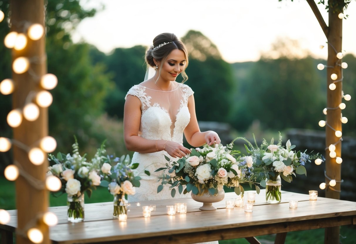 A bride carefully arranges twinkling fairy lights and delicate floral arrangements in a rustic outdoor setting