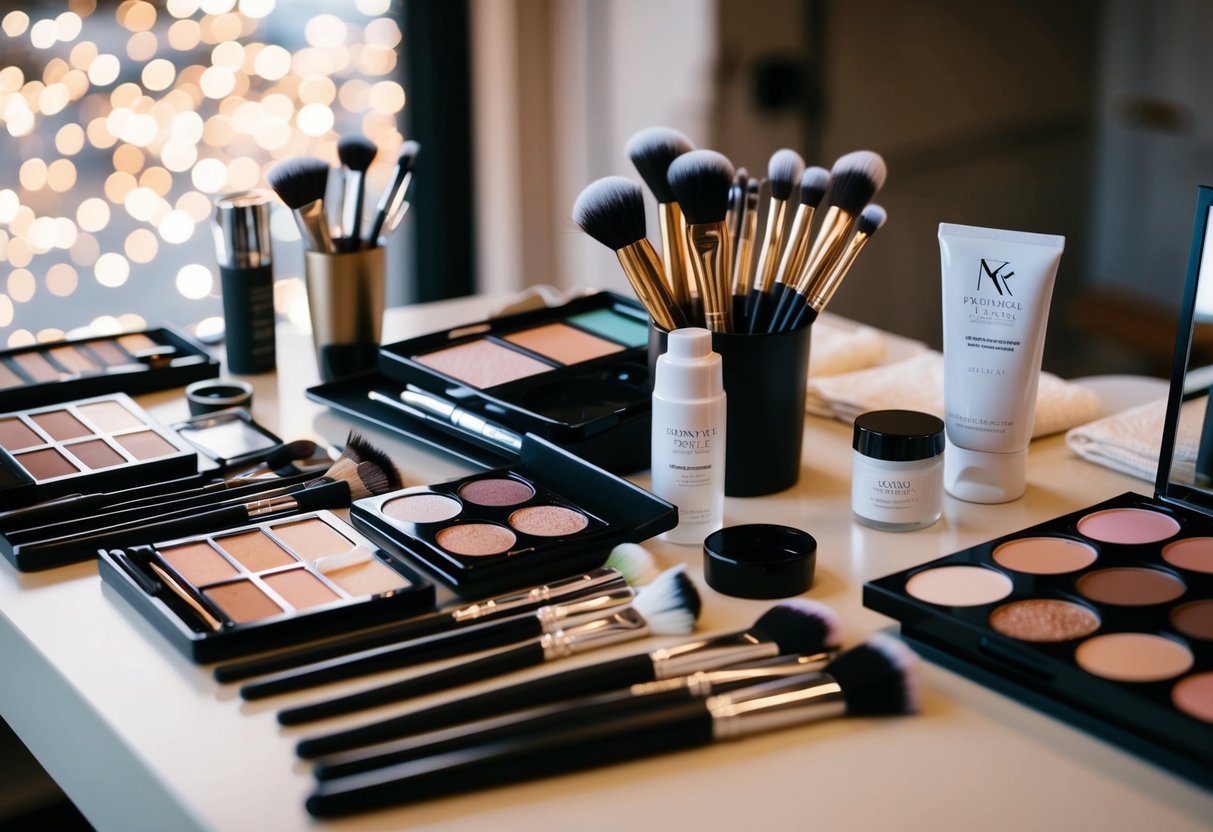 A makeup artist's table with various brushes, palettes, and products laid out neatly, ready for a wedding photo shoot