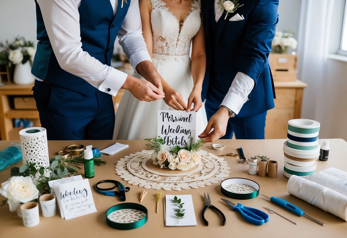 A bride and groom carefully arranging personalized wedding details on a table, surrounded by DIY crafting supplies and tools