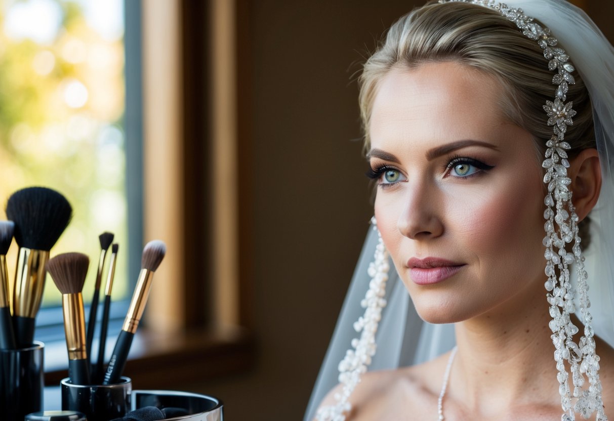 A bride's face with natural light, highlighting her skin and features. Makeup products and brushes arranged neatly on a table nearby